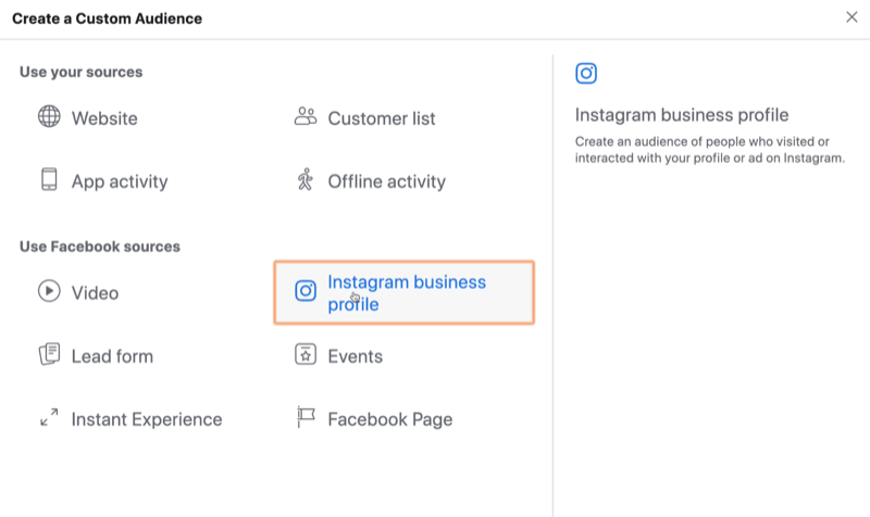 vyberte Instagram Business jako zdroj pro vlastní publikum na Facebooku