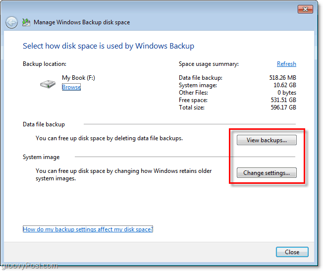 Záloha Windows 7 - zobrazení zálohy nebo změna nastavení pro úpravu velikosti