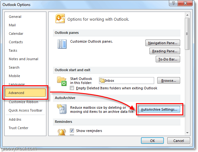 Upřesnit> Nastavení automatického archivace v aplikaci Outlook 2010
