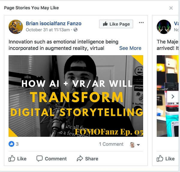 Facebook doporučuje mezi příspěvky ve vašem kanálu novinek „Příběhy stránek, které se vám mohou líbit“.