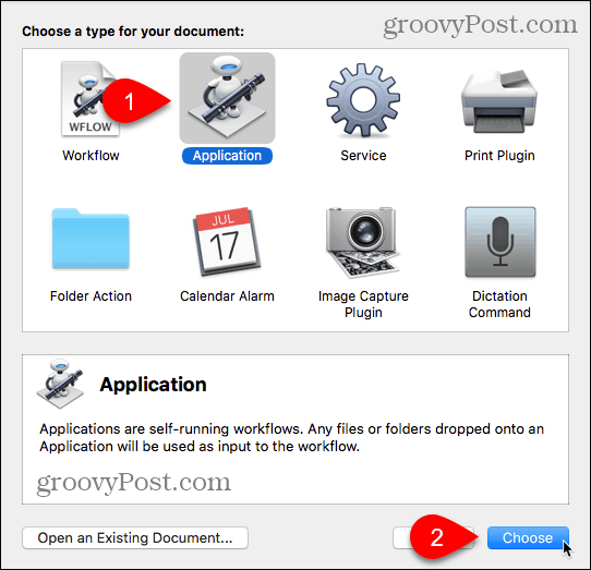 Vyberte typ aplikace v automatu pro Mac