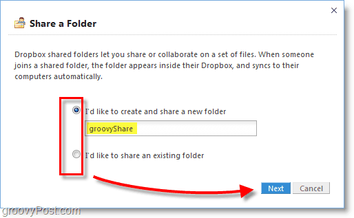 Snímek Dropbox - vytvořte novou složku sdílení Dropbox