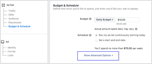 Při nastavování reklamy na Facebooku klikněte na Zobrazit rozšířené možnosti v části Rozpočet a plán.