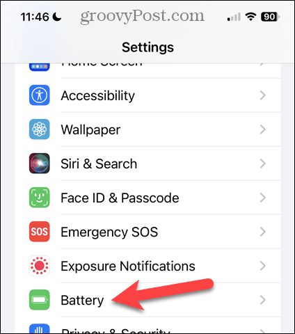 Klepněte na Baterie na obrazovce Nastavení iPhone