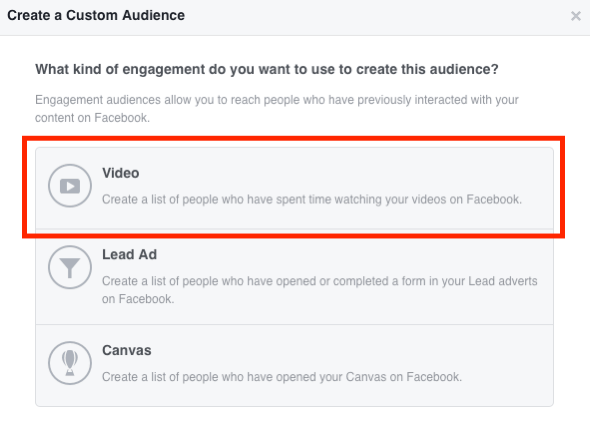 Vyberte Video pro vlastní publikum videa na Facebooku.