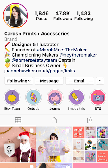 příklad bio podnikatelského účtu Instagramu s emodži