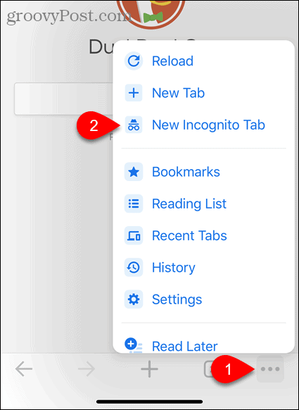 Klepněte na Nová karta inkognito v prohlížeči Chrome pro iOS