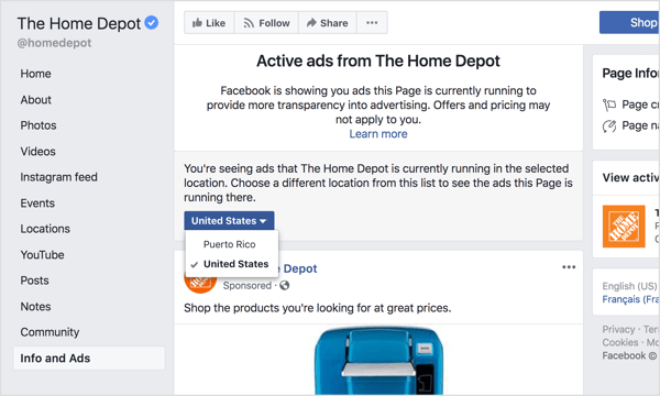 Vyberte oblast z rozevírací nabídky a zobrazte všechny reklamy, které stránka Facebooku aktuálně běží, a to buď globálně, nebo v konkrétní zemi.