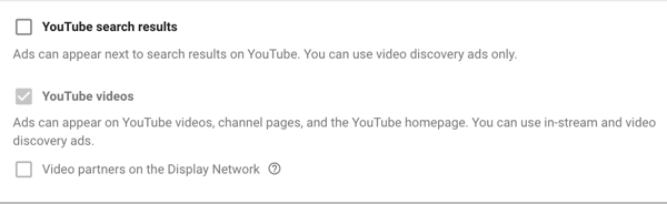 Jak nastavit kampaň s reklamami na YouTube, krok 11, nastavte možnosti zobrazení v síti