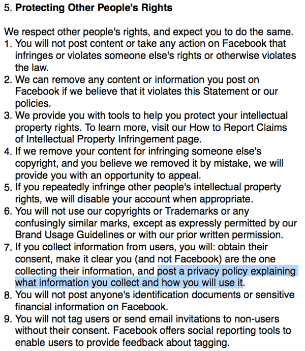 Podmínky Facebooku popisující požadavek zásad ochrany osobních údajů.