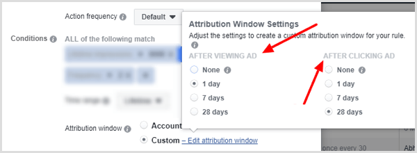 Možnosti nastavení atribučního okna při nastavování podmínky pro pravidlo Facebooku