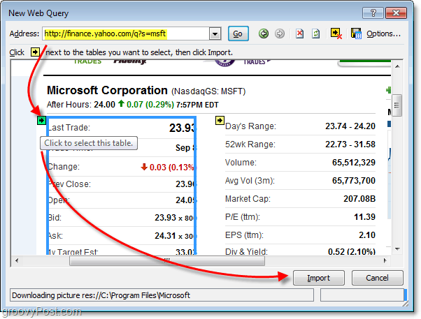 vyberte datové tabulky pro použití na webu v Excelu 2010