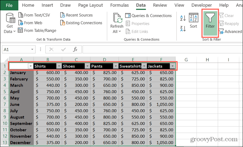 Povolte filtry v aplikaci Excel