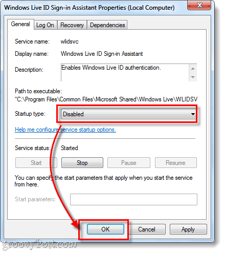 zakázán spouštěcí typ Windows Live ID přihlášení asistenta