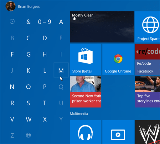 aplikace první písmeno Windows 10 Start