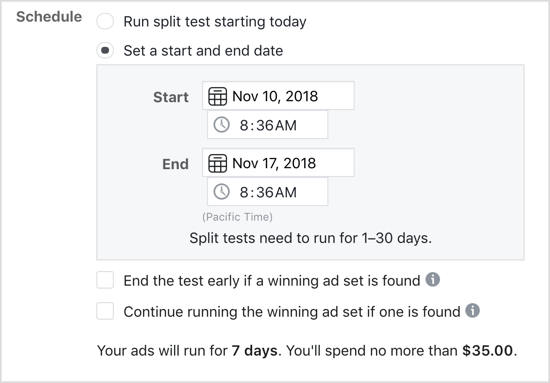 Vyberte možnost Nastavit počáteční a konečné datum pro test rozdělení Facebooku.