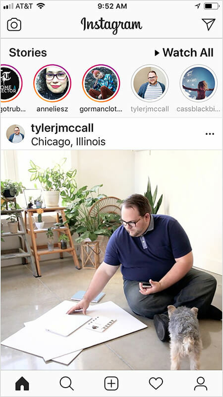 Tyler J. McCall si všiml, že se zdá, že algoritmus Instagramu zobrazuje více obsahu účtu ve zdroji, pokud sledujete nebo komunikujete s příběhem Instagramu účtu a naopak. Domovská obrazovka uživatele Instagram zobrazuje příspěvek od Tylera poté, co uživatel sledoval jeho příběh. Obrázek krmiva Instagram ukazuje, že Tyler sedí na podlaze s velkými listy bílého papíru a notebookem. Malý černý s pálením čelí Tylerovi. V pozadí je spousta zelených rostlin na žebřících.