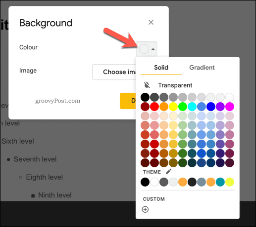 Přidání barvy pozadí na hlavní snímek v Prezentacích Google