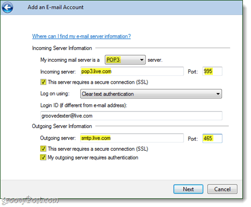 Windows Live Mail https nastavení e-mailového účtu