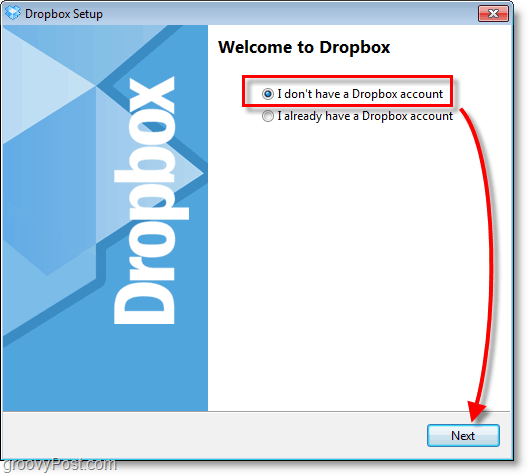 Snímek Dropbox - vyberte si vytvoření nového účtu
