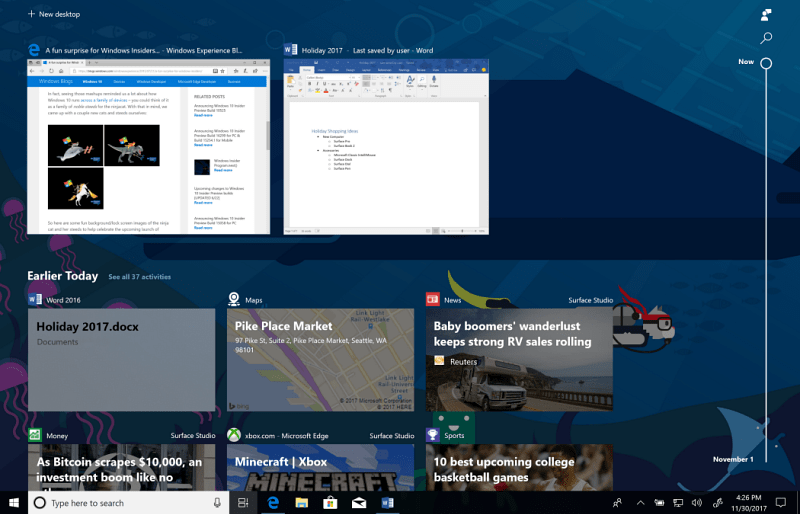 Hrdina časové osy Windows 10