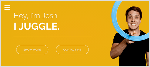 Web Josha Hortona pro žonglování má žluté pozadí, fotografii, na které se Josh usmívá a krouží kolem svého ukazováčku světle modrým žonglérským prstenem, a bílý text, který říká Hey I'm Josh. Žongluji.
