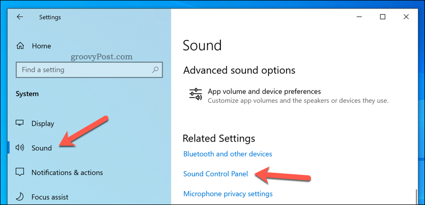 Otevřete ovládací panel zvuku v systému Windows 10