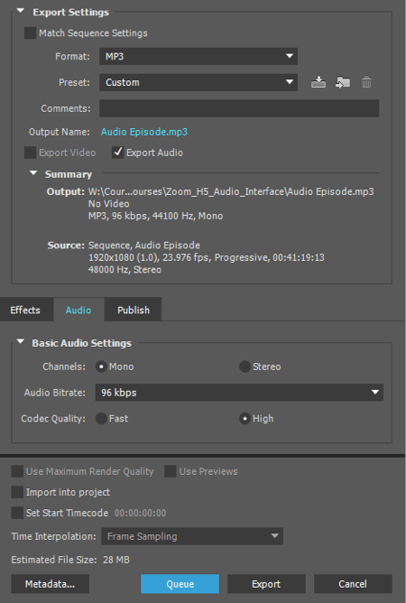 Exportujte svůj zvuk jako soubor MP3 v aplikaci Adobe Premiere.
