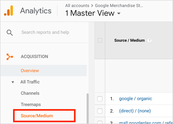 Otevřete Google Analytics a přejděte na Akvizice> Veškerý provoz> Zdroj / médium.