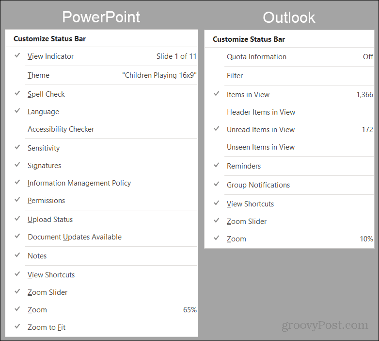 Možnosti stavového řádku aplikace PowerPoint a Outlook