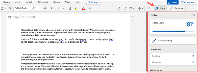 Microsoft Editor ve Wordu na webu