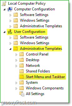 v okně zásad místní skupiny systému Windows 7 přejděte na konfiguraci uživatele, šablony pro správu a poté spusťte nabídku a hlavní panel