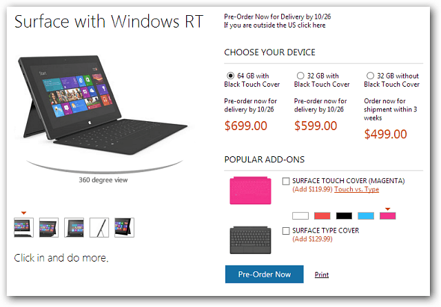 Společnost Microsoft oznamuje ceny tabletů Surface RT, které jsou k dispozici pro předobjednávku