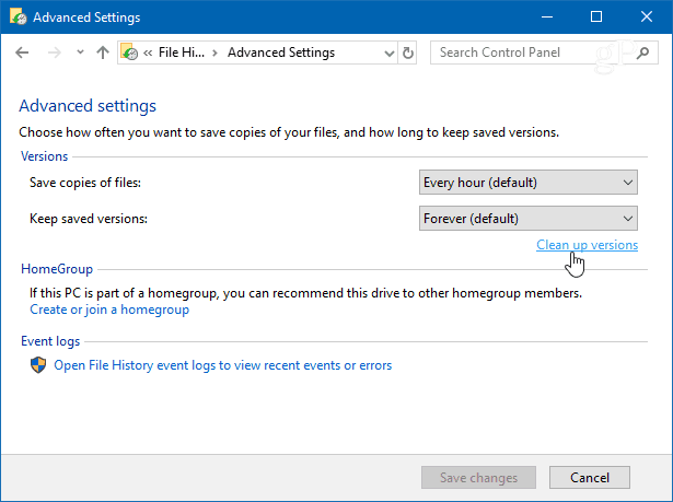 Vyčistit verze Historie souborů Windows 10