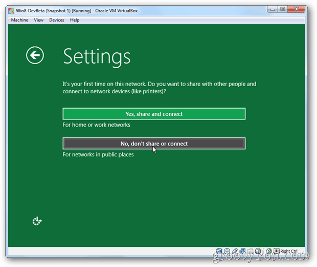 VirtualBox Windows 8 nainstalovat nastavení sdílení sdílet nebo ne sdílet nastavení?
