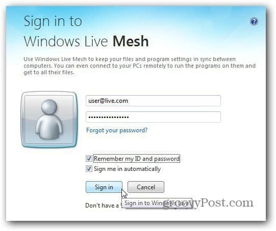 přihlášení do služby Windows Live