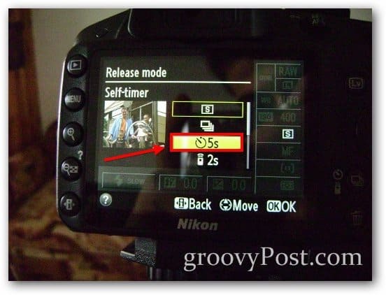 samospoušť výchozí 5 sekund časovač nikon set setup photo