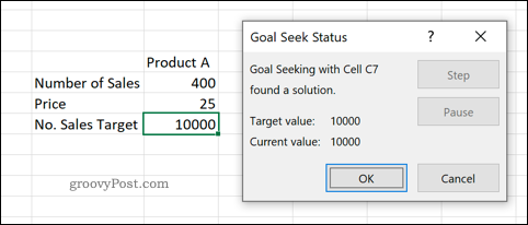 Náhled nástroje pro vyhledávání cílů v Excelu