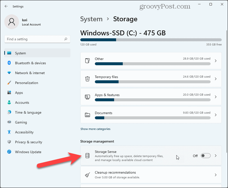 V nastavení Windows 11 klikněte na Storage Sense