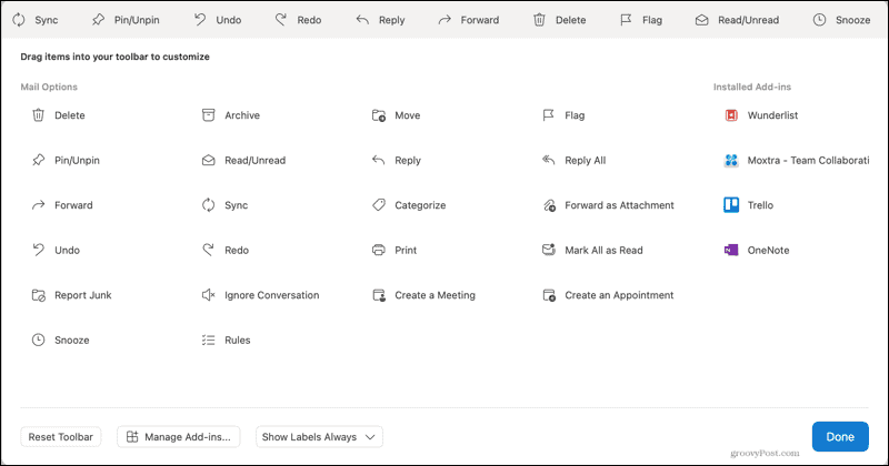 Panel nástrojů poštovní schránky v aplikaci Outlook