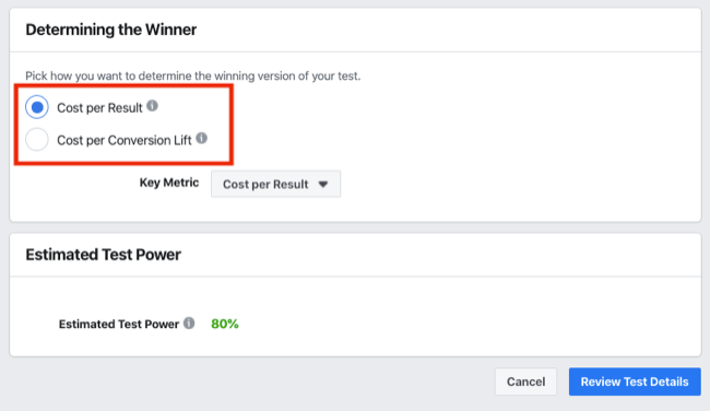 Určení části Vítěz testu A / B pro experimenty na Facebooku