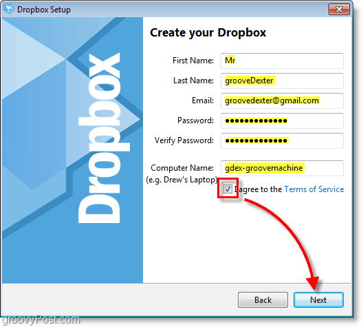 Snímek Dropbox - zadejte informace o účtu