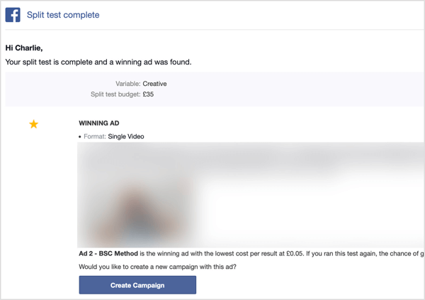Po dokončení testu rozdělení na Facebook obdržíte e-mail.