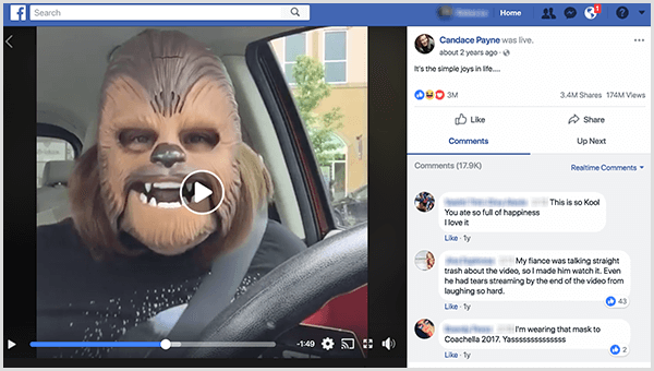 Candace Payne byla zveřejněna na Facebooku v masce Chewbacca z parkoviště Kohl. V době, kdy byl tento snímek pořízen, mělo její video 3,4 milionu sdílení a 174 milionů zhlédnutí.
