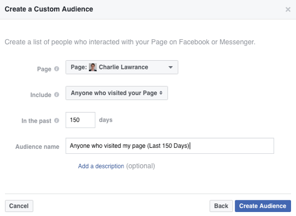 Chcete-li vytvořit své vlastní publikum na Facebooku, vyberte v rozevíracím seznamu Zahrnout kdokoli, kdo navštívil vaši stránku.
