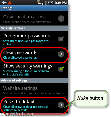 tlačítko nuke prohlížeče Android, reset na výchozí nastavení z výroby a vymazání hesel