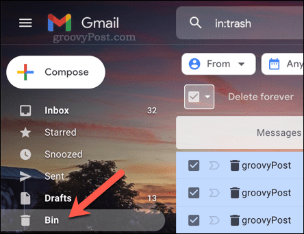 Otevření složky Koš (Bin) v Gmailu