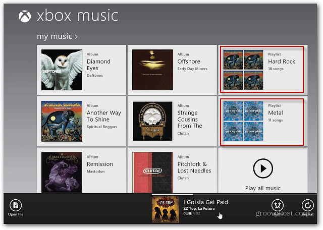 Seznam skladeb zobrazený na Xbox Music