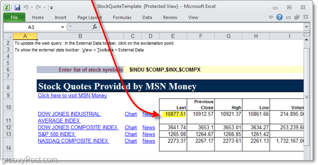 pro sledování cen akcií použijte webová data v Excelu 2010