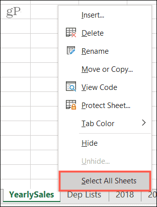 Vyberte všechny listy v aplikaci Excel